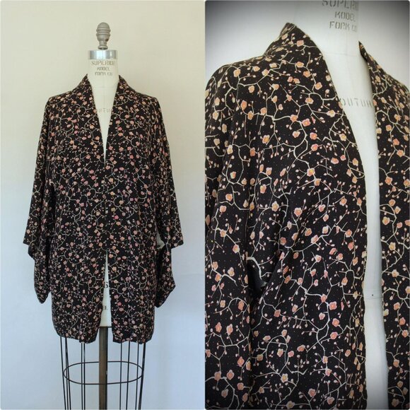 Vintage Women's Kimono, Short Haori in Black with Asian Floral Print Robe